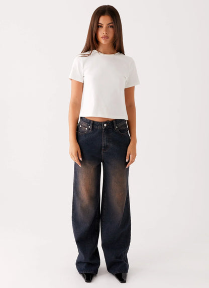 Back Again Straight Leg Denim Jeans - Brown Blue Acid Wash