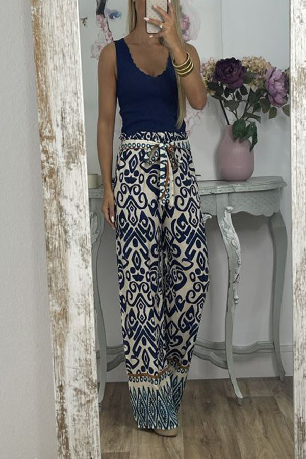 Pantalones con estampado tótem étnico y lazo en la cintura GALA
