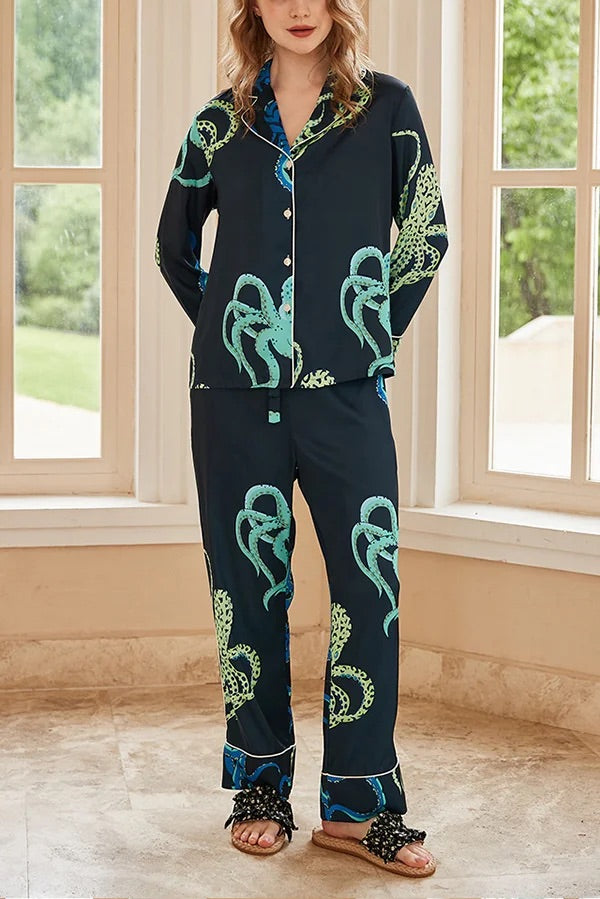 Conjunto de dos piezas de manga larga con estampado de pulpo negro