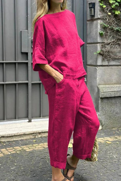 Conjunto informal de dos piezas de algodón y lino con cuello redondo y pantalones de color liso 