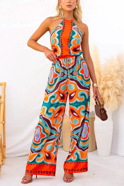 Pantalones anchos con bolsillos y cintura elástica con estampado abstracto étnico de satén Oh So Chic