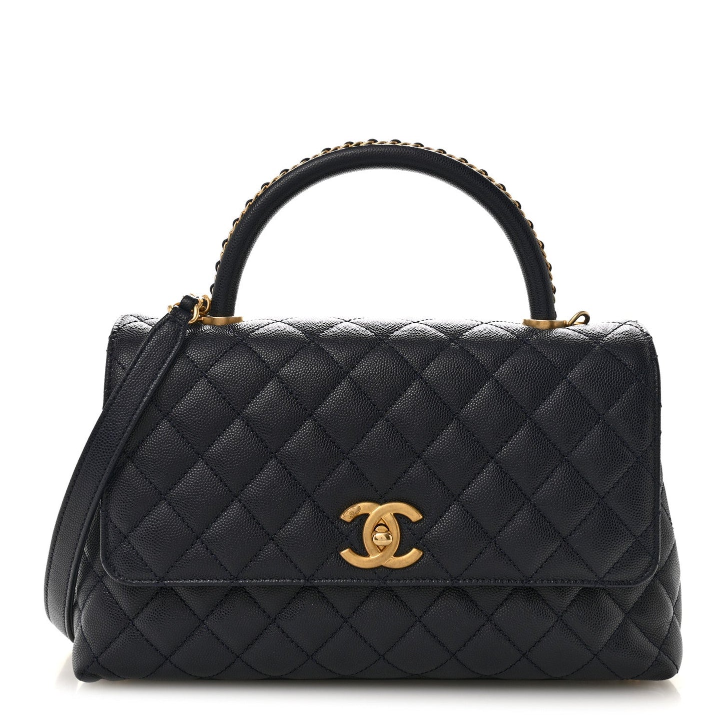 Caviar Quilted Small Coco Chain Handle Flap Navy Blue