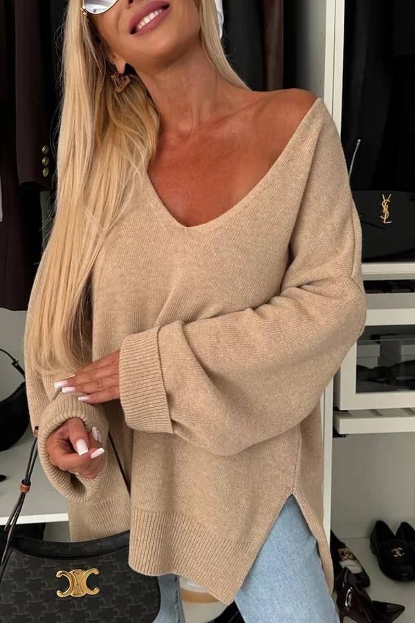 Suéter holgado irregular de manga larga con cuello en V y color liso para clima frío 