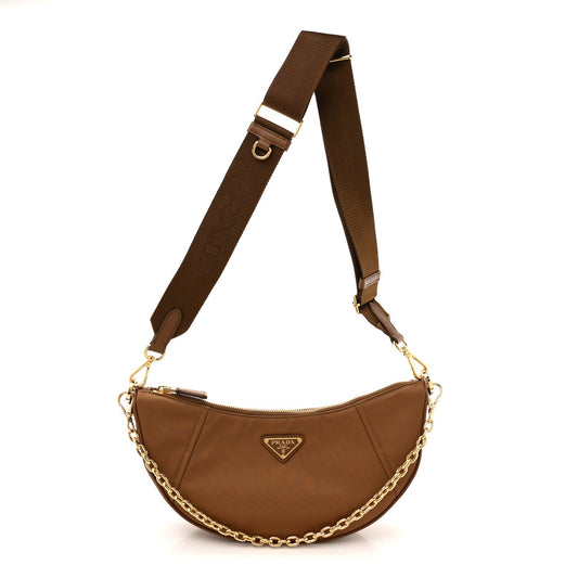 Re-Nylon Saffiano Demi-lune Shoulder Bag Brown