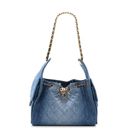 Washed Denim Quilted Small Chanel 25 Handbag Blue