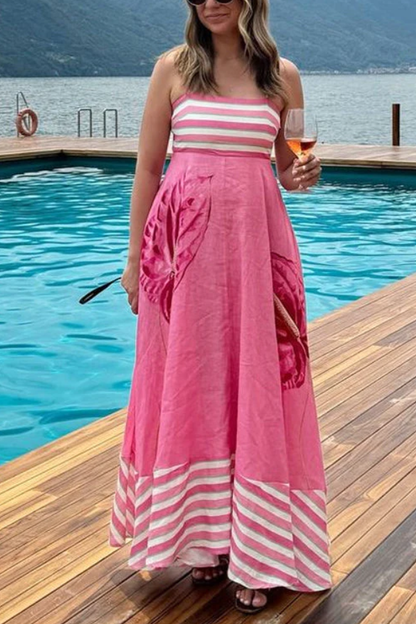 Vestido largo camisola con estampado floral y rayas sin espalda