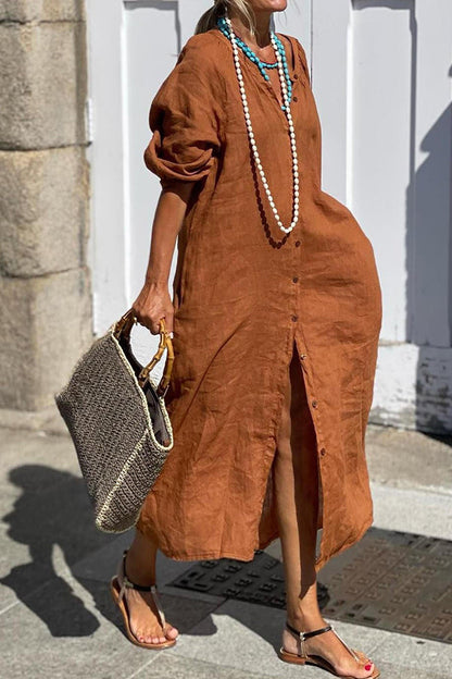 VESTIDO LISO DE ALGODÓN Y LINO CON BOTONES