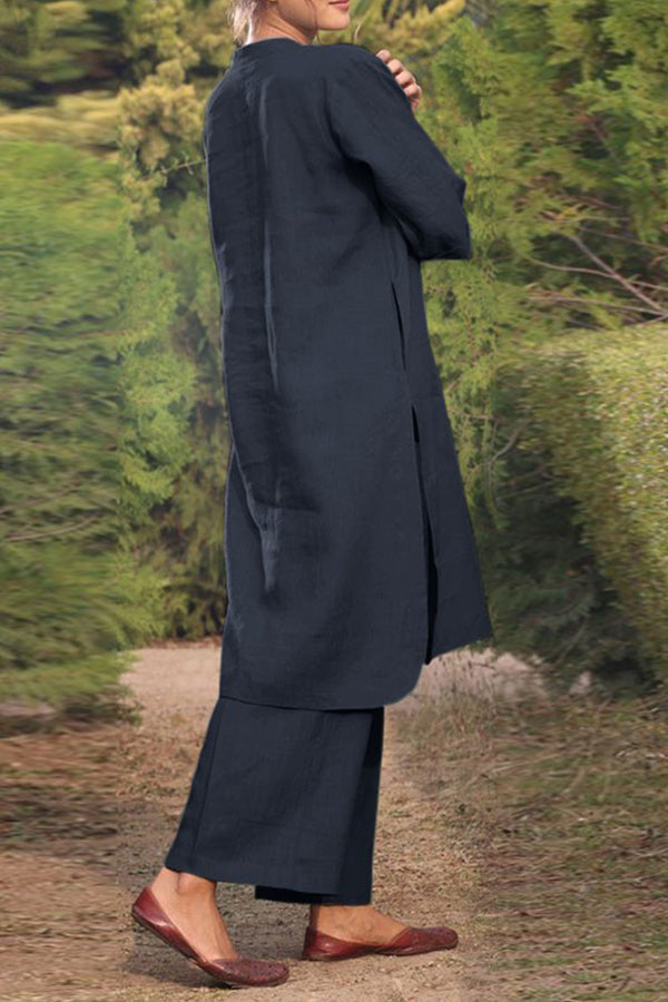 Cotton and linen V-neck 3\/4 sleeve wide brimmed pants 2-piece set