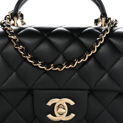 Lambskin Quilted Mini Top Handle Rectangular Flap Black