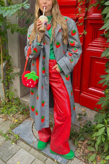 Abrigo largo con estampado de frutas de moda, gabardina color cereza 