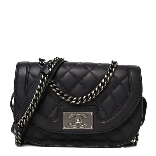 Shiny Goatskin Quilted Small Double Chained Messenger Flap Black