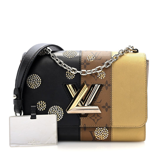 Calfskin Reverse Monogram Studded Twist Shoulder Bag MM Black Gold