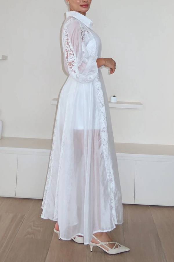 Exquisito vestido largo con solapa y bordado de encaje