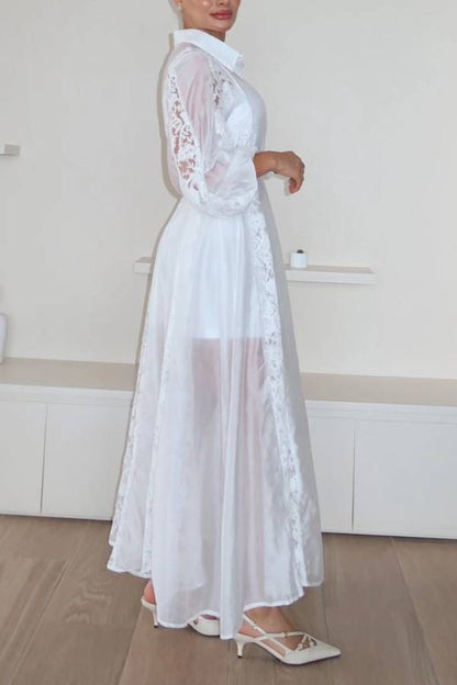 Exquisito vestido largo con solapa y bordado de encaje
