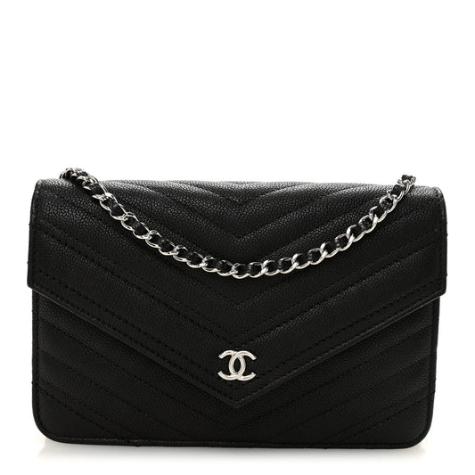 Goatskin Chevron Quilted Statement Wallet On Chain WOC Black