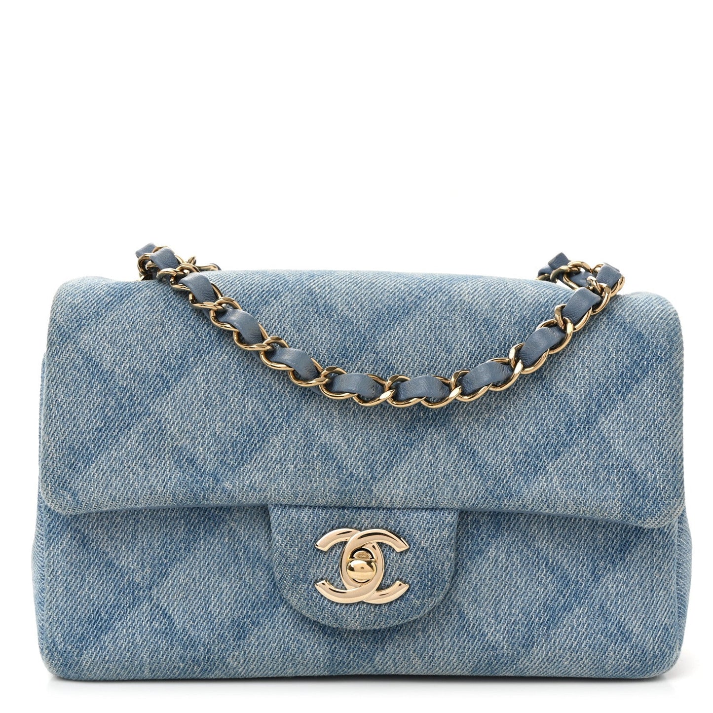 Printed Denim Quilted Mini Rectangular Flap Light Blue