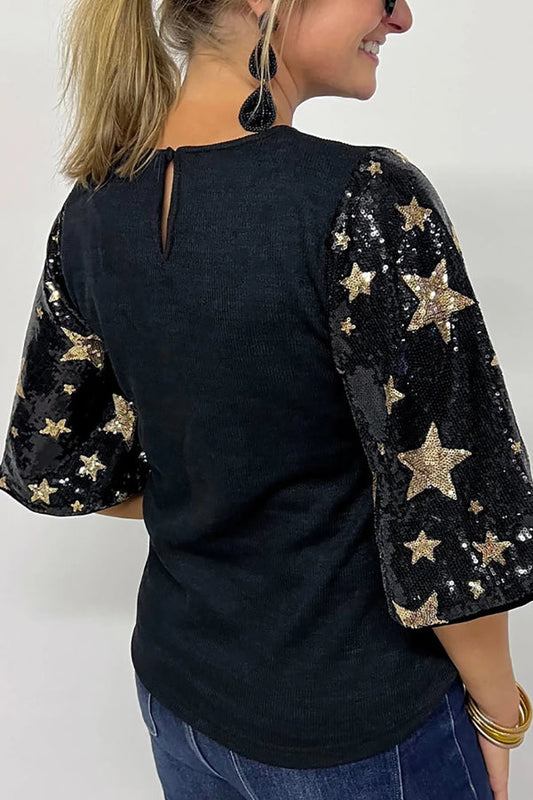 Blusa de media manga con parche de lentejuelas y estrellas negras 