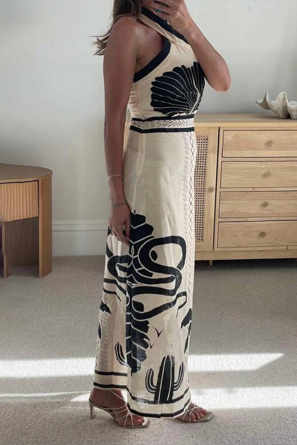 Vestido largo ajustado con cuello halter y estampado étnico, elegante y sexy
