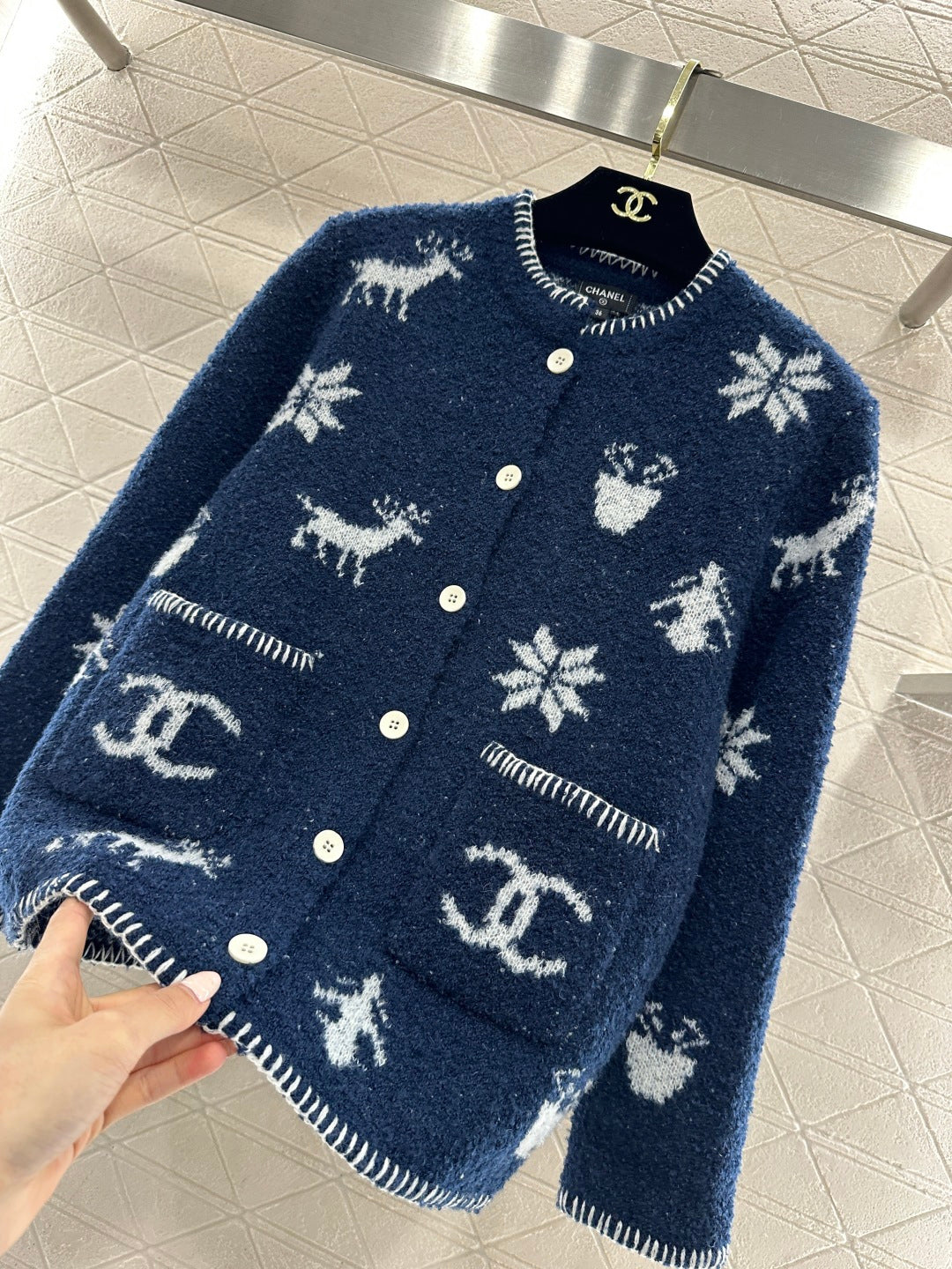 Chanel 26 Jacquard Knit Cardigan Blue in Wool Yarn 801433