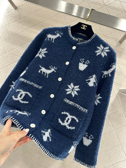 Chanel 26 Jacquard Knit Cardigan Blue in Wool Yarn 801433
