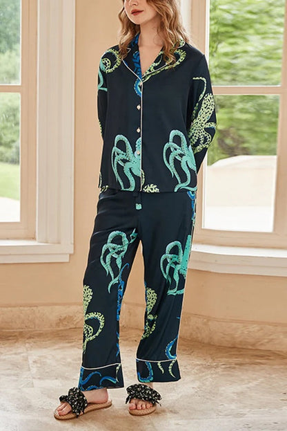 Conjunto de dos piezas de manga larga con estampado de pulpo negro