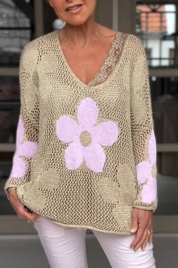 Camisa de punto floral con cuello en V calado Suéter de malla floral