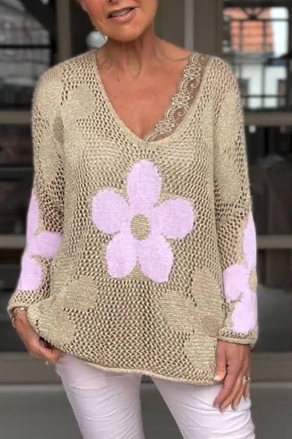 Camisa de punto floral con cuello en V calado Suéter de malla floral
