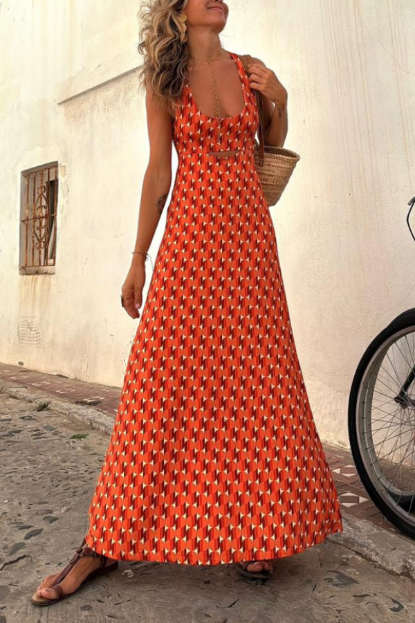 Vestido naranja de manga corta con estampado regular y tirantes largos