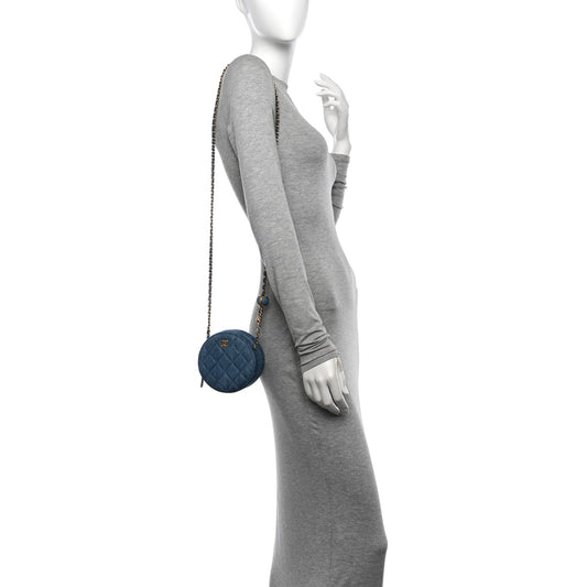 Denim Quilted Round Pearl Crush Clutch With Chain Blue