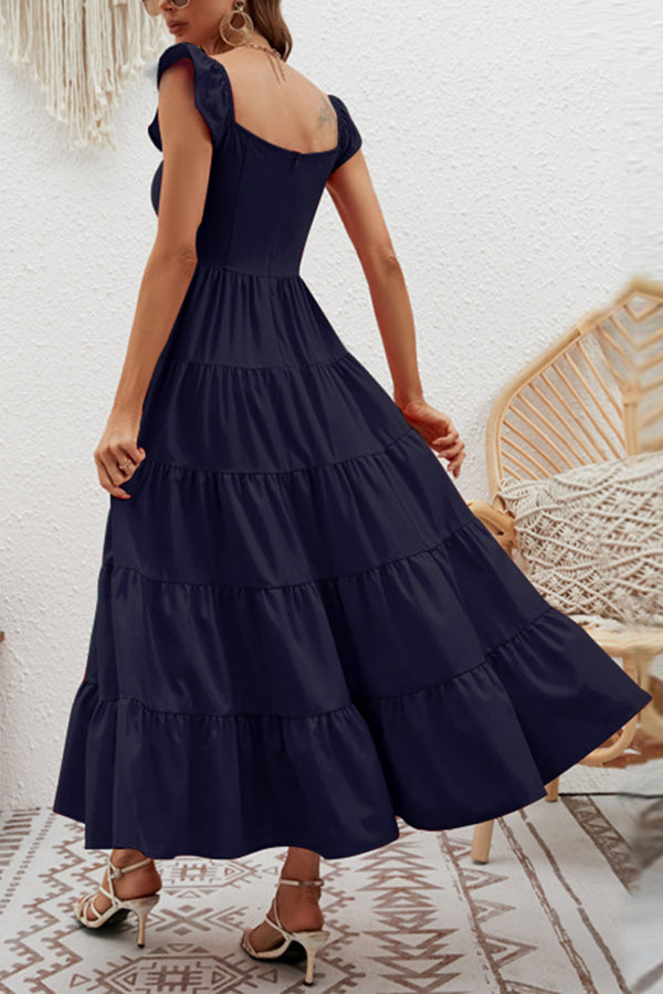 Vestido con falda pastel de cintura alta, color liso, cintura delgada, mangas voladoras