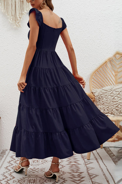 Vestido con falda pastel de cintura alta, color liso, cintura delgada, mangas voladoras