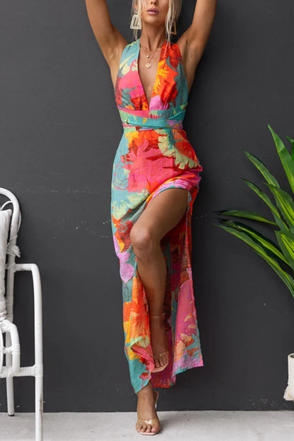 Vestido largo con cuello en V, sin mangas, con lazo en la espalda y estampado floral