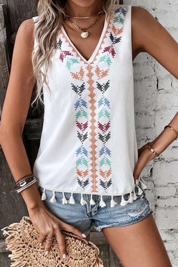 TOP SIN MANGAS CON BORLAS BORDADAS JUST BE YOU BOHO - 4 COLORES 
