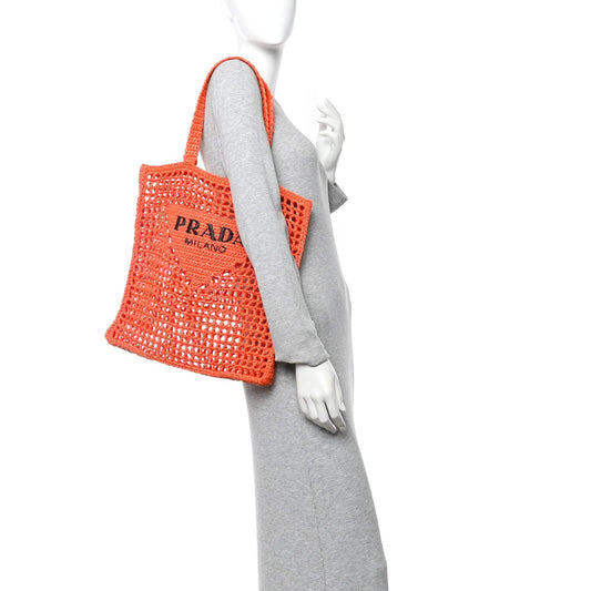 Yarn Raffia Effect Crochet Logo Embroidered Tote Bag Arancio