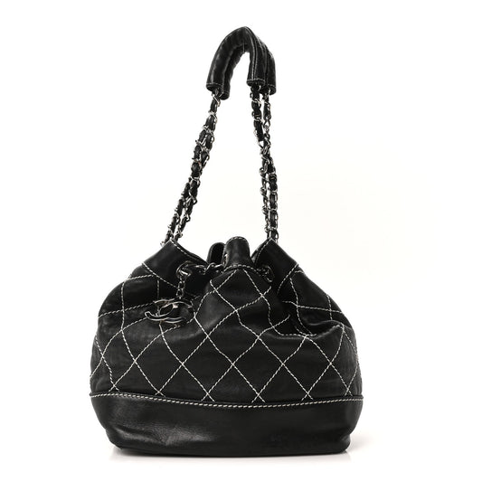 Calfskin Contrast Stitch Surpique Bucket Bag Black