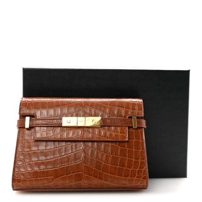 Shiny Calfskin Crocodile Embossed Small Manhattan Baguette Dark Caramel