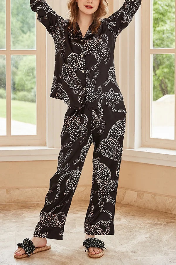 Conjunto de dos piezas de manga larga para casa con estampado de jaguar negro