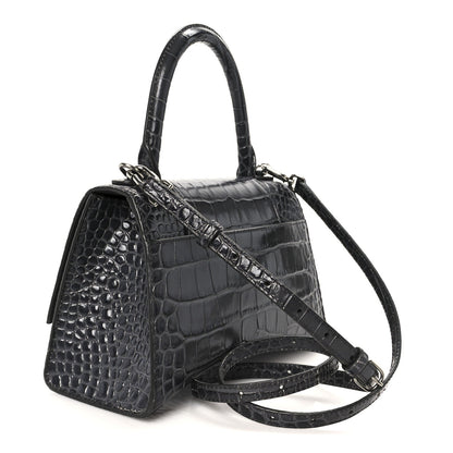 Shiny Calfskin Crocodile Embossed Small Hourglass Top Handle Bag Dark Grey