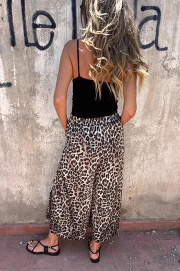 Pantalones anchos con bolsillo y cintura elástica con estampado de leopardo
