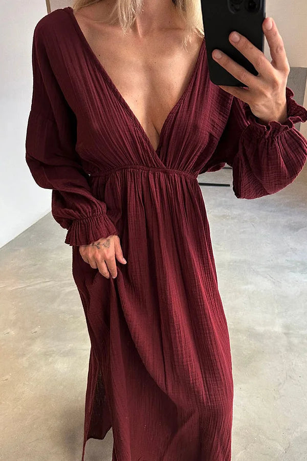 Vestido informal de algodón y lino con escote en V y abertura