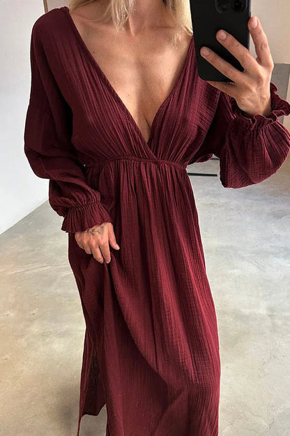 Vestido informal de algodón y lino con escote en V y abertura