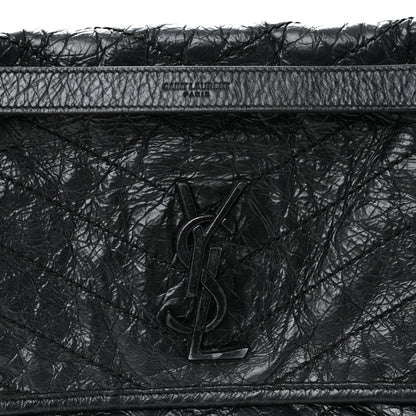 Crinkled Calfskin Matelasse Monogram Medium Niki Chain Satchel Black