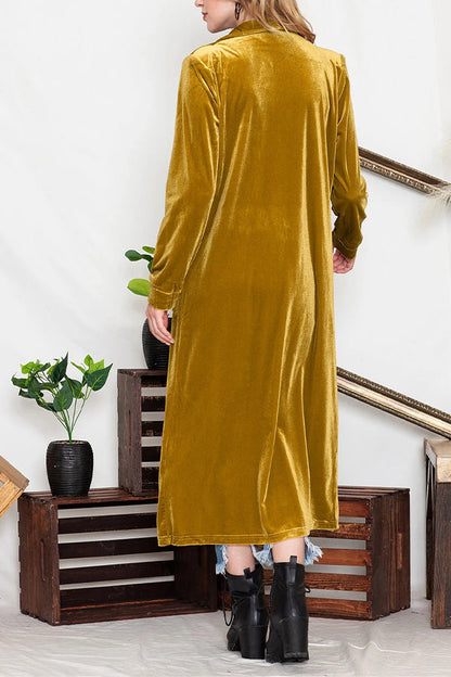 Cárdigan largo elegante de terciopelo amarillo con bolsillo frontal abierto