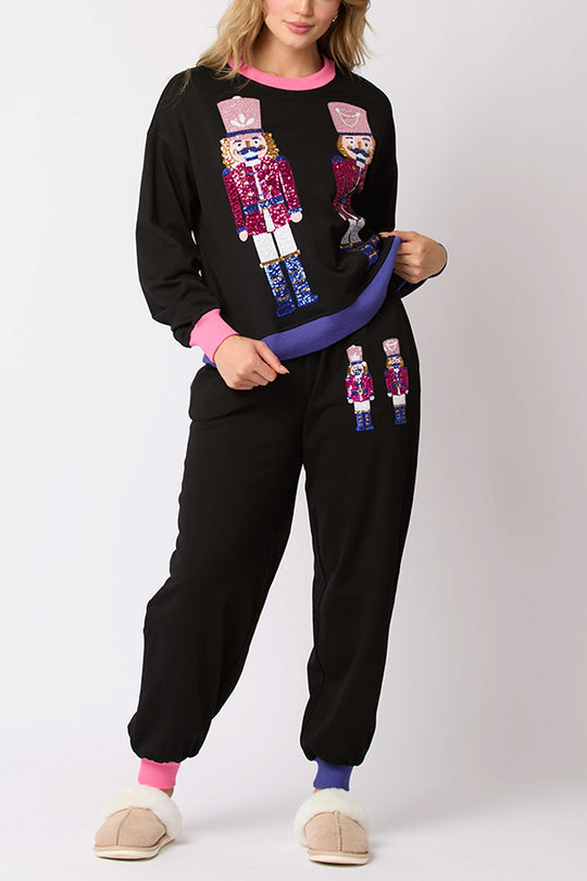 Conjunto de sudadera con lentejuelas y pantalones holgados con cintura elástica y bolsillos de estilo soldado navideño