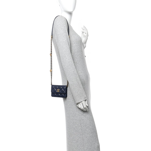 Caviar Quilted Twist Your Buttons Coin Purse With Chain Navy