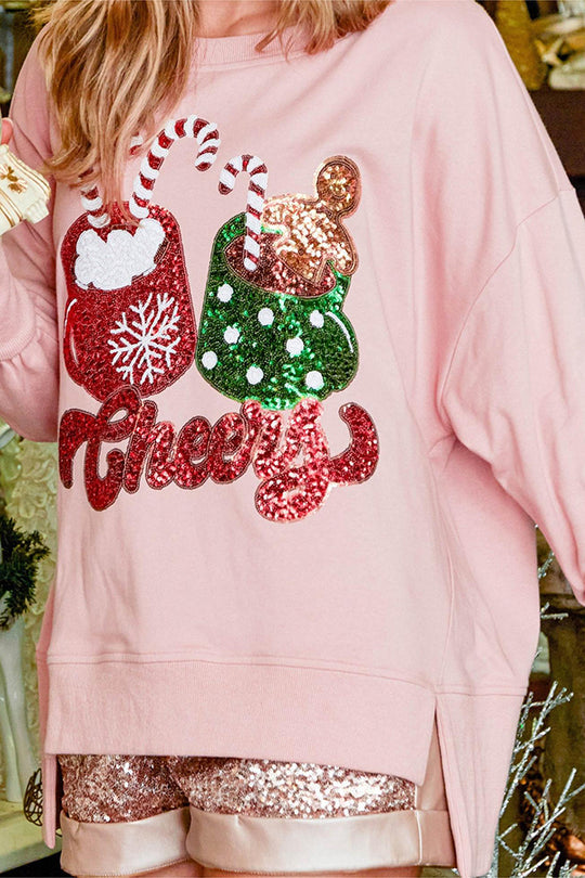 Sudadera informal holgada con lentejuelas y taza de dulces navideños