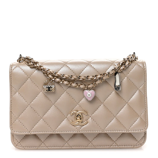 Pearly Lambskin Quilted Charms Wallet On Chain WOC Beige