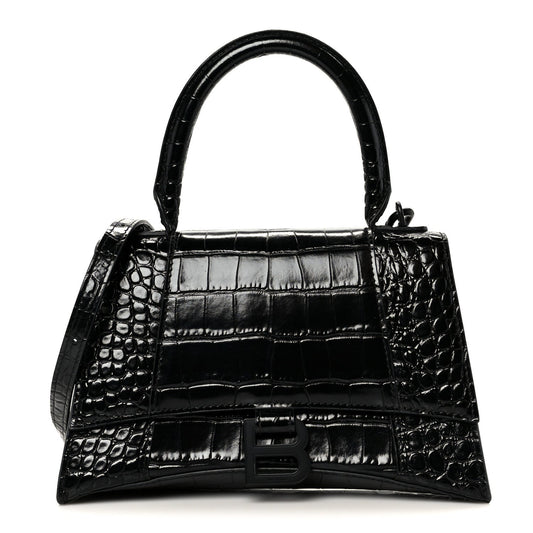 Shiny Calfskin Monochrome Crocodile Embossed Small Hourglass Top Handle Bag Black