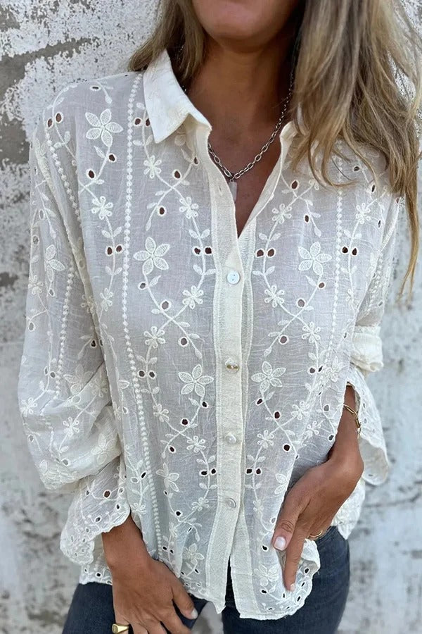 Camisa informal de manga larga con solapa y bordado de plantas