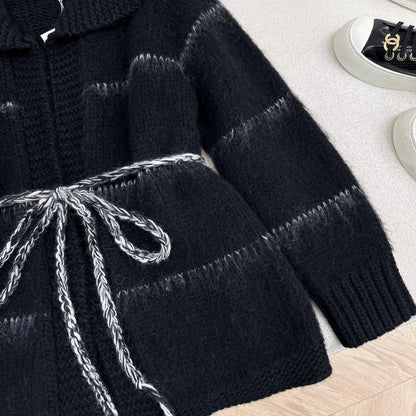 CC Mohair Wool Fluffy Black and White Belt Cardigan